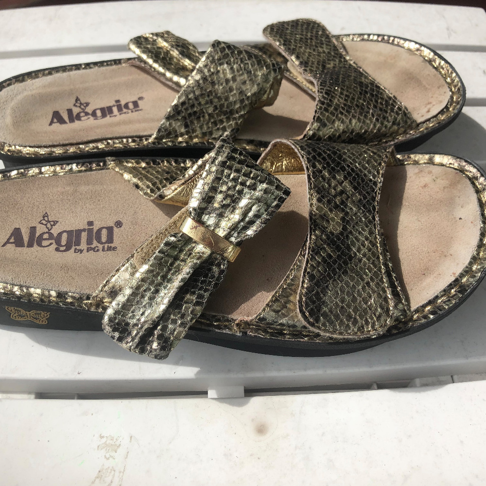 Alegria Gold Brown Metallic Embossed Sandals
